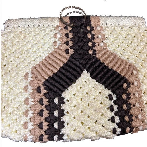 1960s Tan Brown Stripe Macrame Woven Wristlet Clutch Purse * - Picture 2 of 4